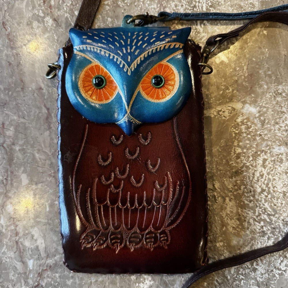 Genuine Hand Tooled Leather Colorful Owl Teal Turquoise Crossbody Wallet / Purse